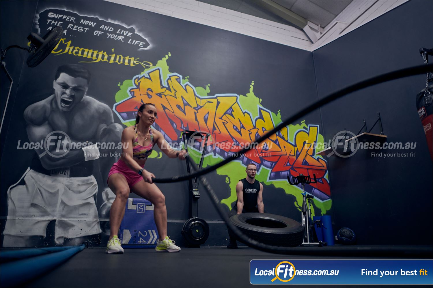 Genesis Health + Fitness Dandenong Battle rope and tyre flip training in our functional training and boxing space.