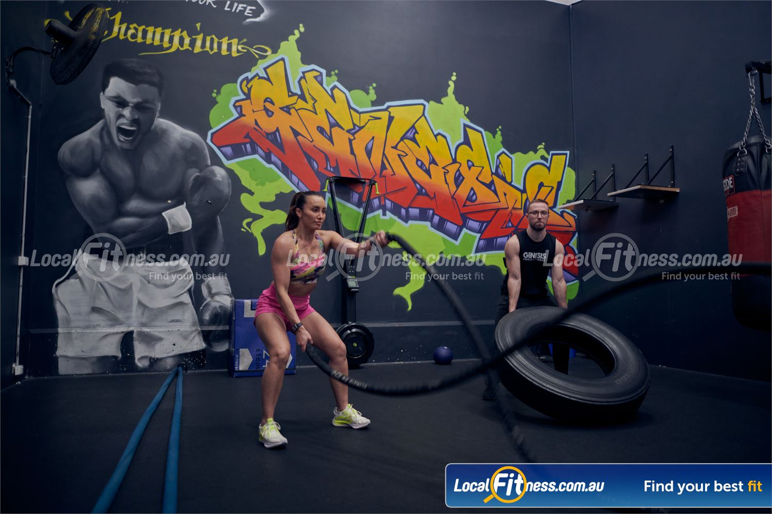 Genesis Health + Fitness Dandenong Battle rope training, tire flips and more.