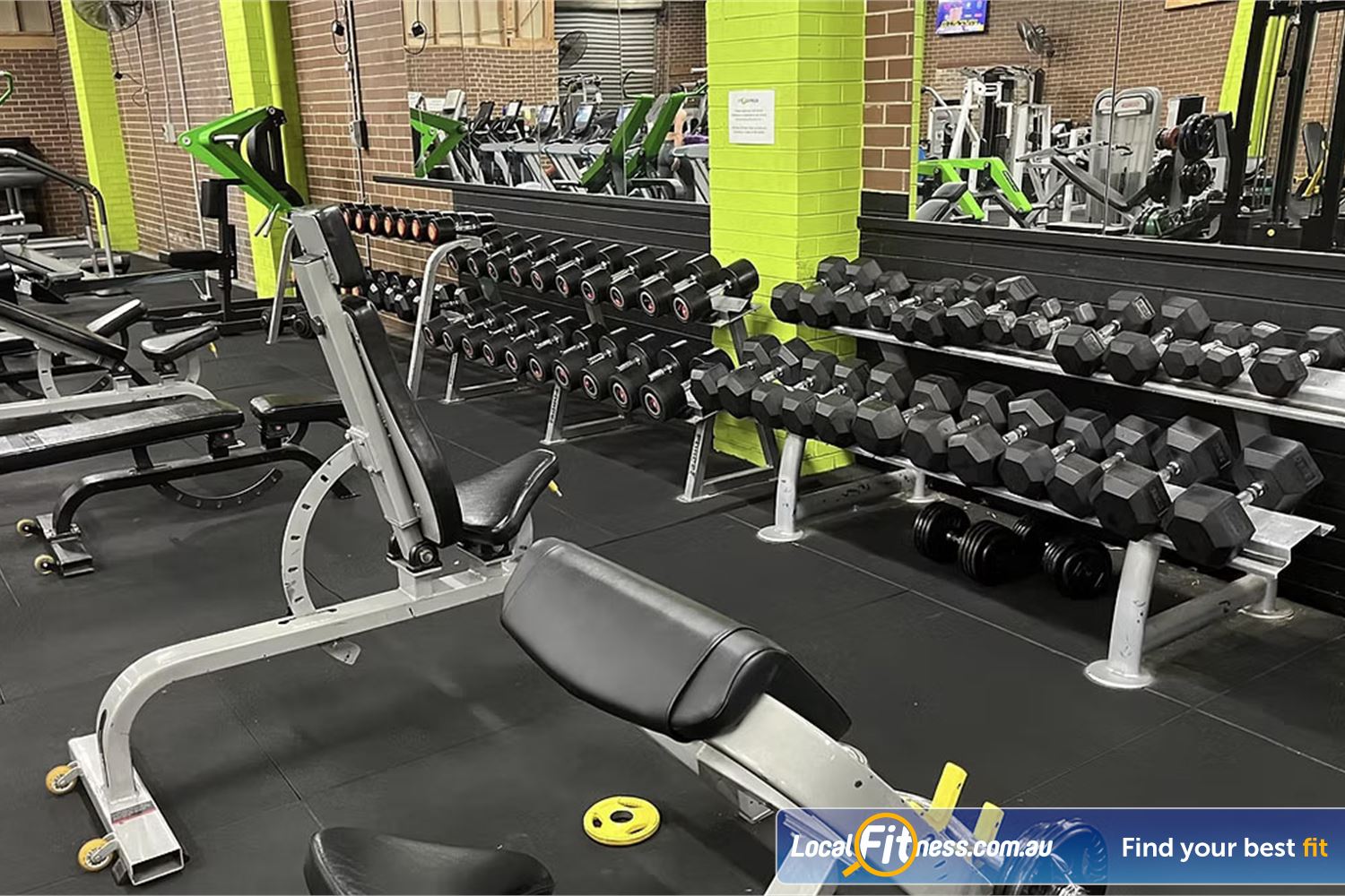 Fit Express 24/7 Heidelberg Heights The fully equipped free-weights area with dumbbells, benches and more.