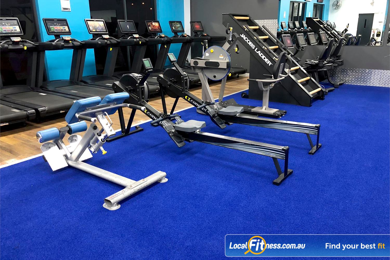 Surge Fitness 24/7 Near Greenwood Dedicated cardio area includes treadmills with personal entertainment screens, rowers, cross trainers, cycle bikes, jacobs ladder and more.