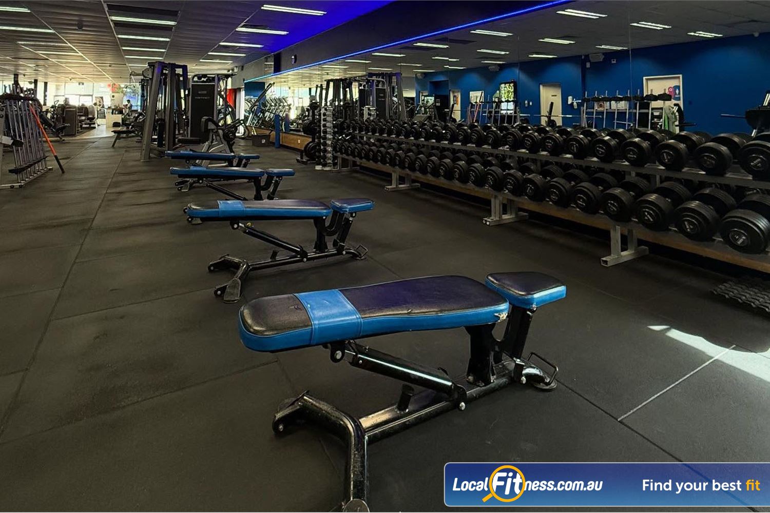 Genesis Health + Fitness Belmont Free-weights area includes dumbbells, barbells, benches and more.