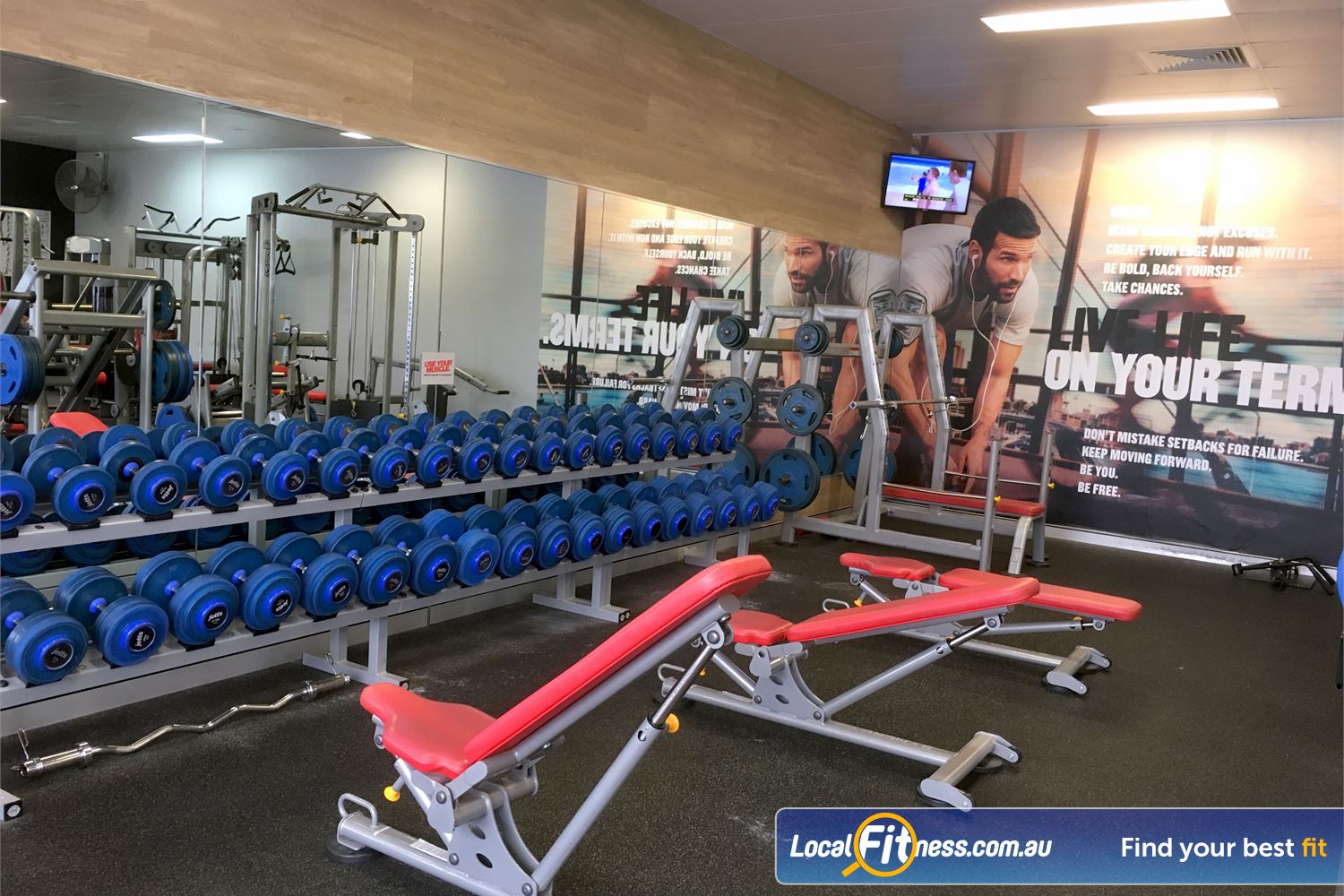 Jetts Fitness Near Morayfield The fully equipped free-weights area at Jetts Narangba gym.