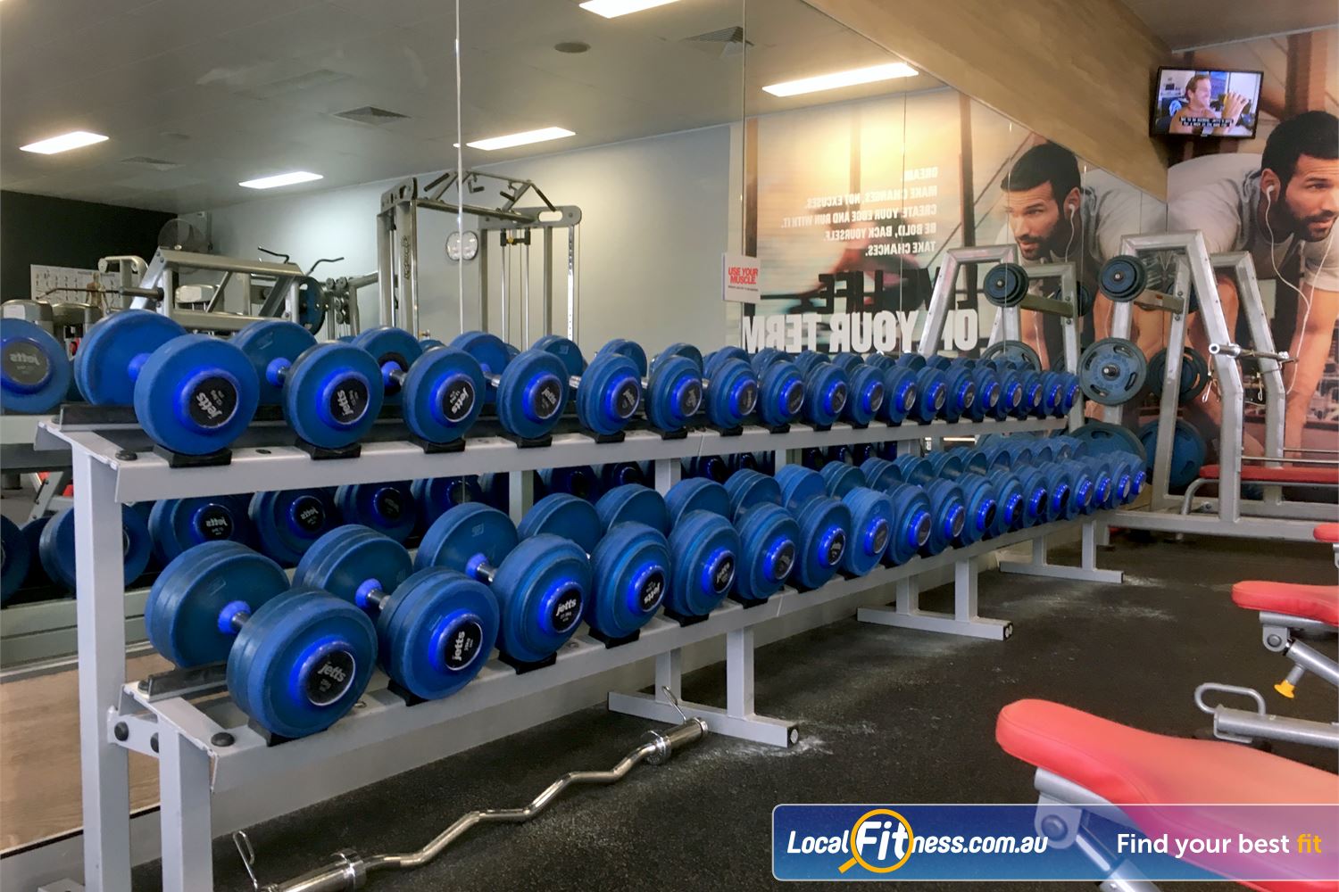Jetts Fitness Narangba Fully equipped free-weights area with dumbbells, barbells, benches and more.