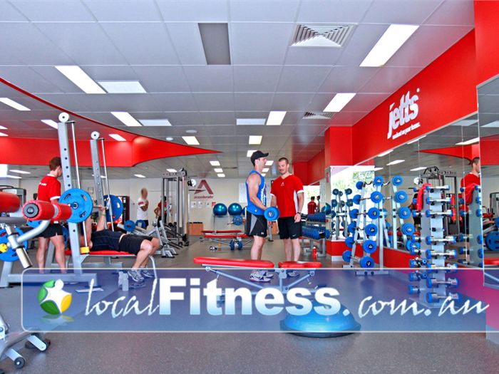 Jetts Fitness Geelong West A fully equipped Geelong West gym free-weights area from the Calygym Synergy strength line.