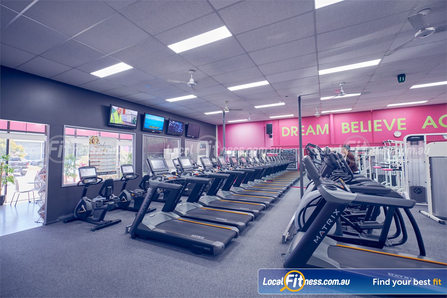 Fernwood Fitness Near Fountain Gate Rows of cardio machines so you don&#39;t have to wait with 24/7 gym access.