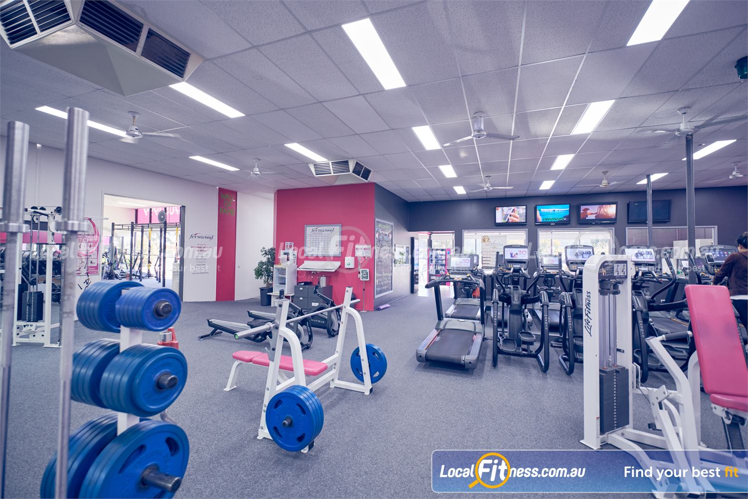 Fernwood Fitness Near Hampton Park Our free-weights area includes a smith machine, bench press, plate loading machines.