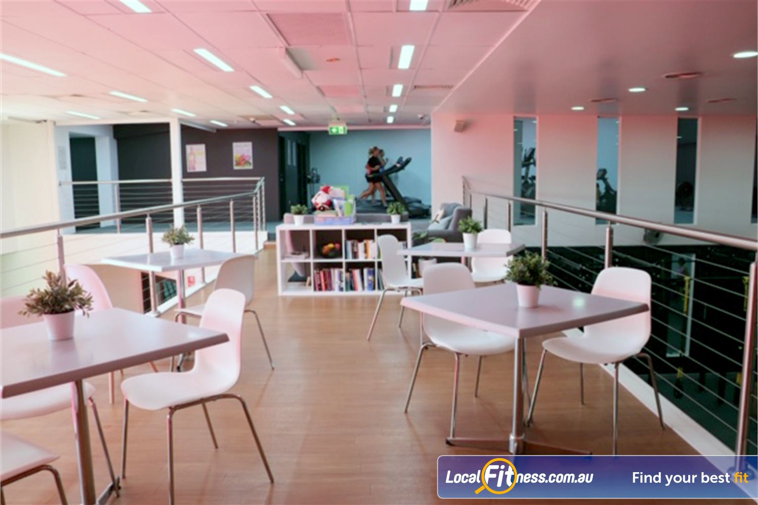 Fernwood Fitness Near Yowie Bay The spacious member&#39;s lounge provides level 2 views of the womens gym.