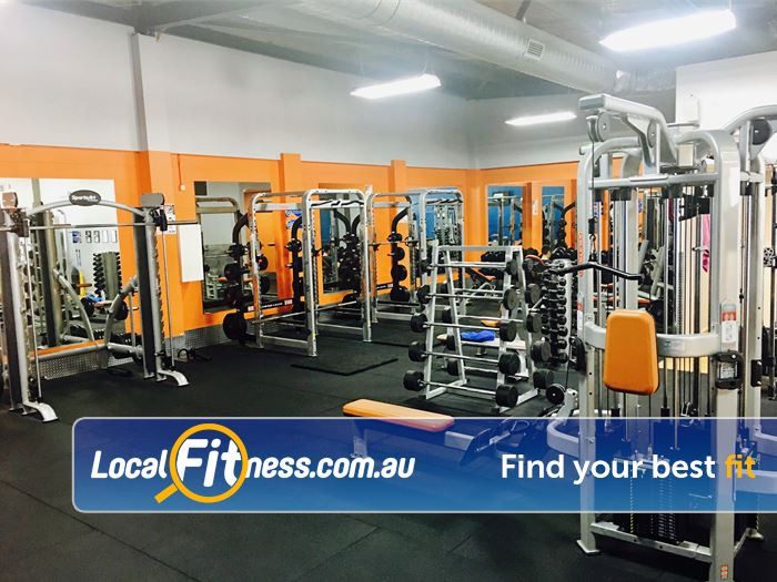 Plus Fitness 24/7 Carlingford Near Pennant Hills The fully equipped free-weights area at Plus Fitness Carlingford gym.