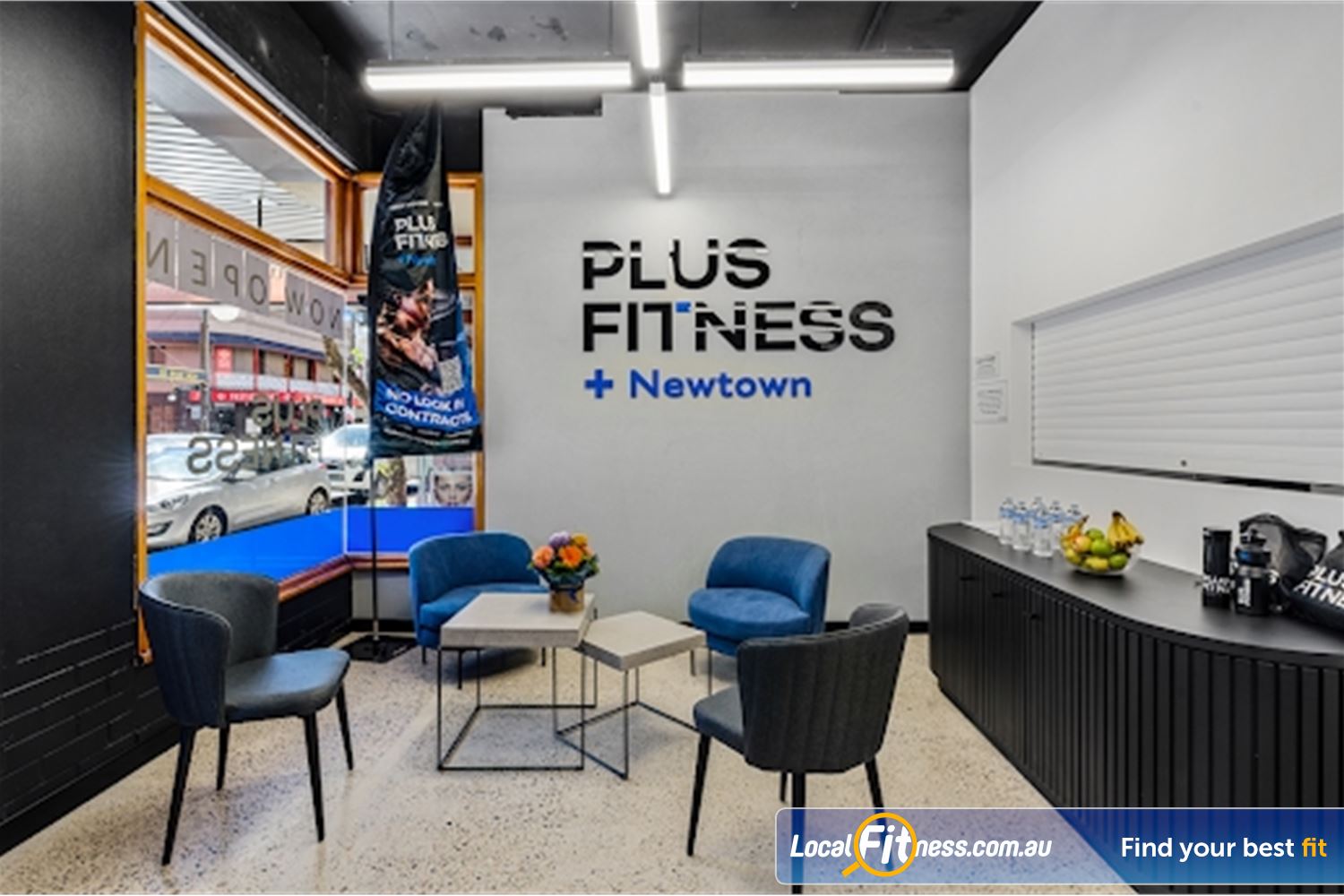 Plus Fitness Near Erskineville The modern Plus Fitness + Newtown members lounge.