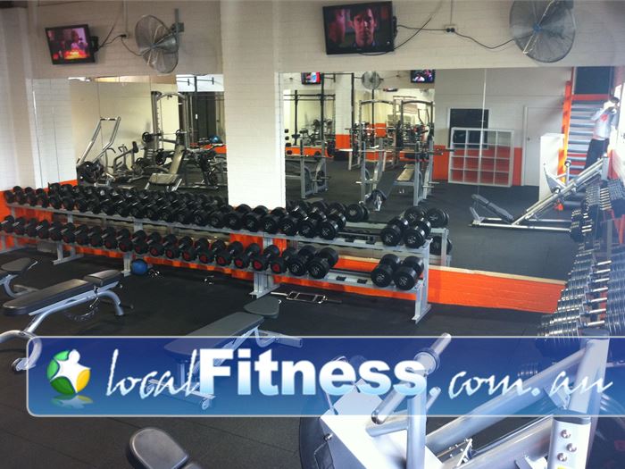 Bulleen Health and Fitness Bulleen Fully equipped free-weights area with dumbbells, benches, barbells and more.