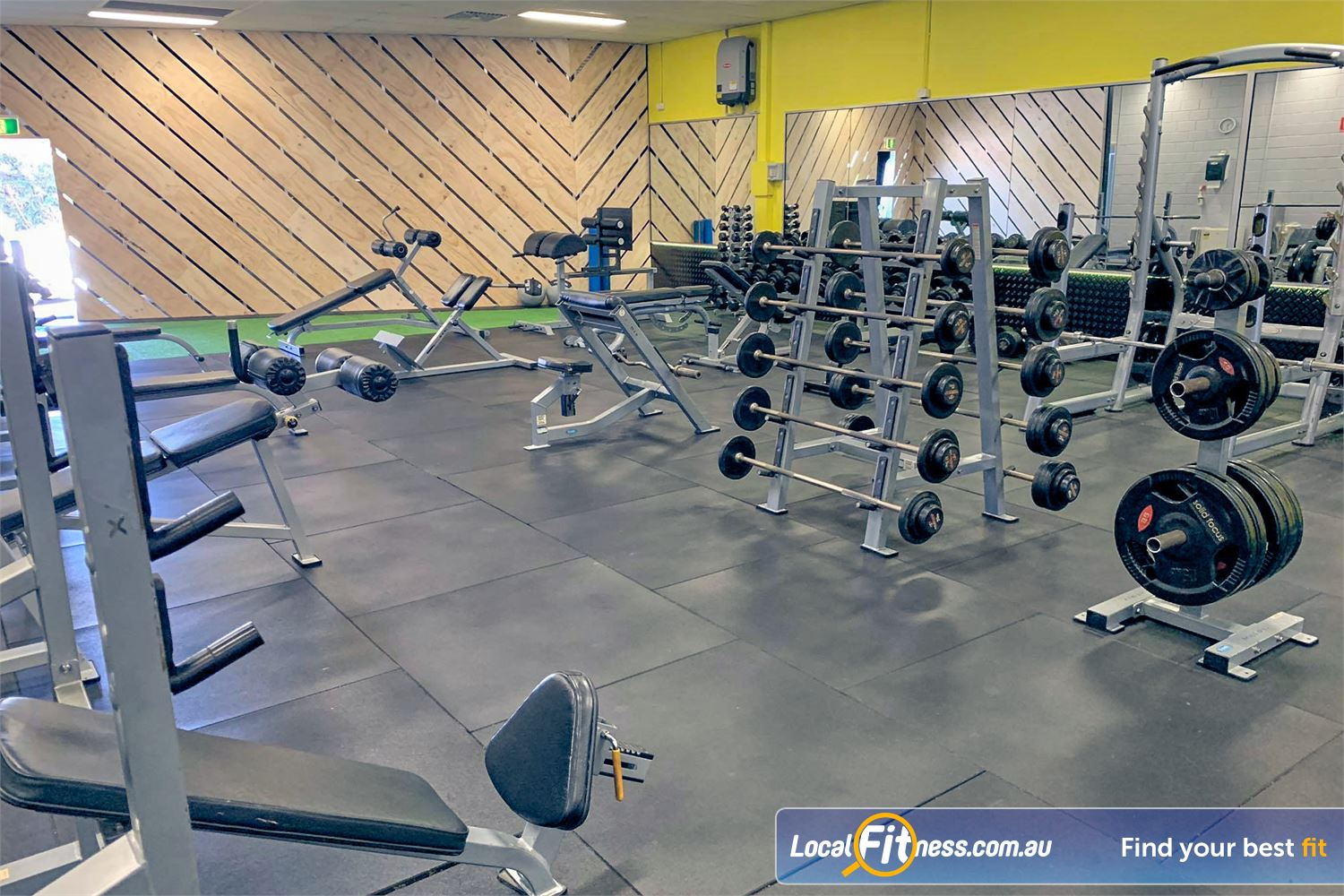 Culture 24:7 Near Greenwood Fully equipped free-weights area with dumbbells, barbells, benches and more.