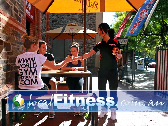 World Gym Adelaide Enjoy the beautiful outdoors among members and friends with our outdoor Cafe area.