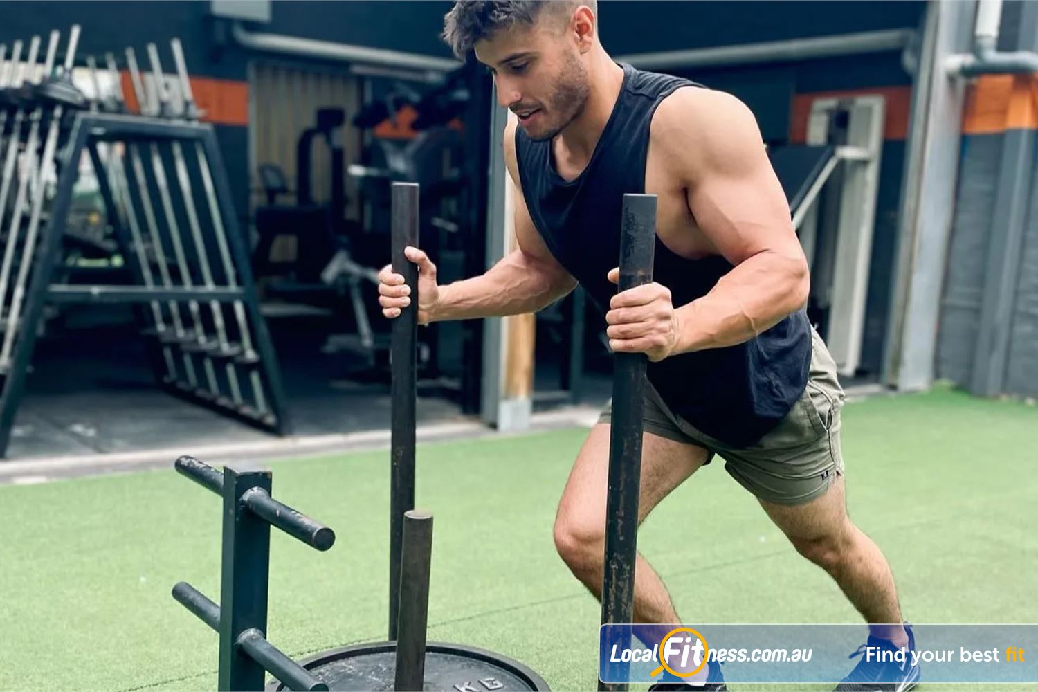 Muscle & Body Shape Gym Prahran The artificial turf is perfect for sled runs.